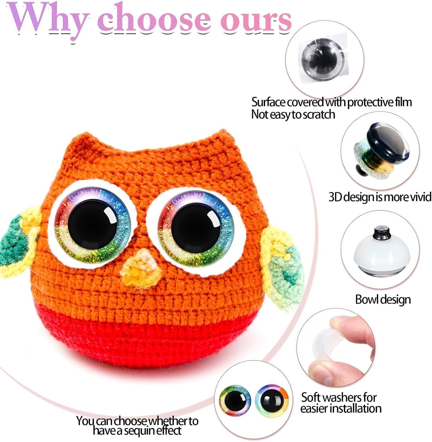 12pcs 3D Rainbow Glitter Safety Eyes for Crocheting – 20mm, 24mm, 30mm with Washers