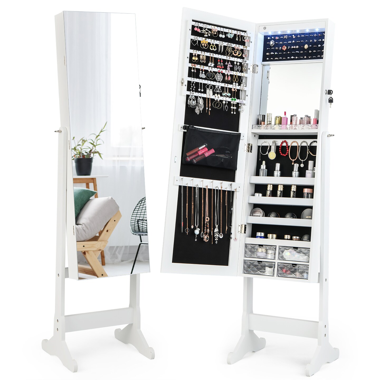 Costway Jewelry Cabinet Armoire Full Length Frameless Mirror Lockable with Lights White/Black/Rustic Brwon