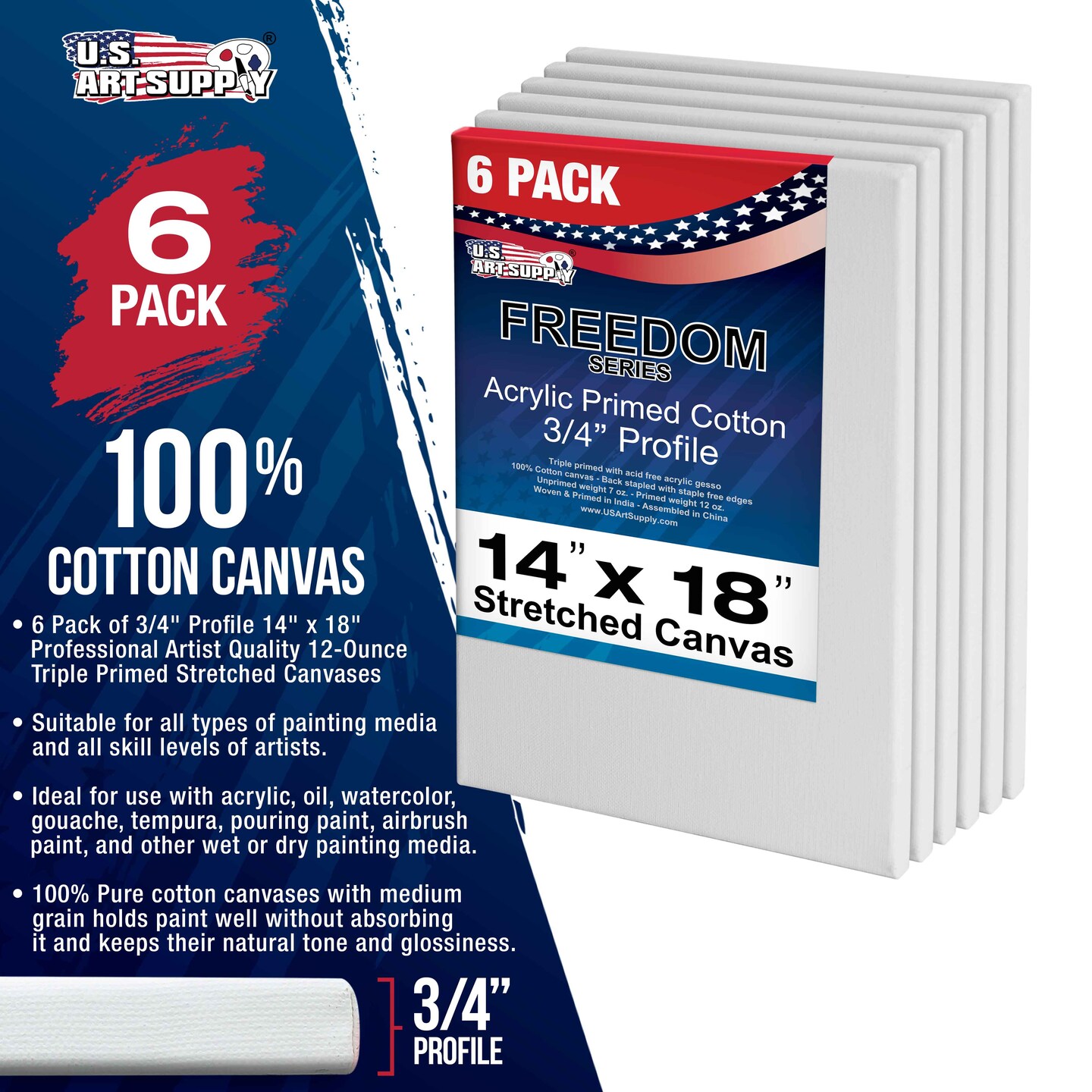 14 x 18 inch Stretched Canvas 12-Ounce Triple Primed, 6-Pack - Professional Artist Quality White Blank 3/4&#x22; Profile, 100% Cotton, Heavy-Weight Gesso
