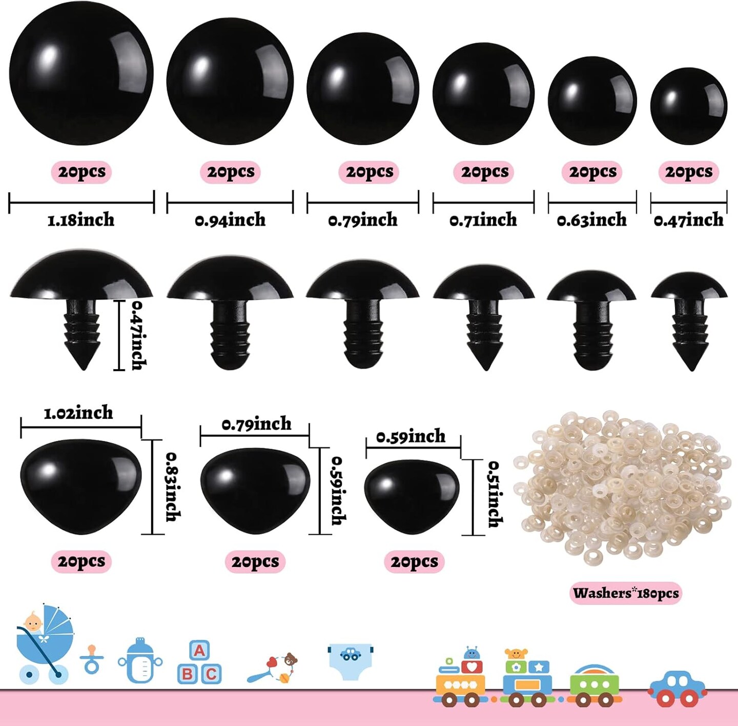 360 Pcs Large Plastic Safety Eyes and Noses 12-30mm