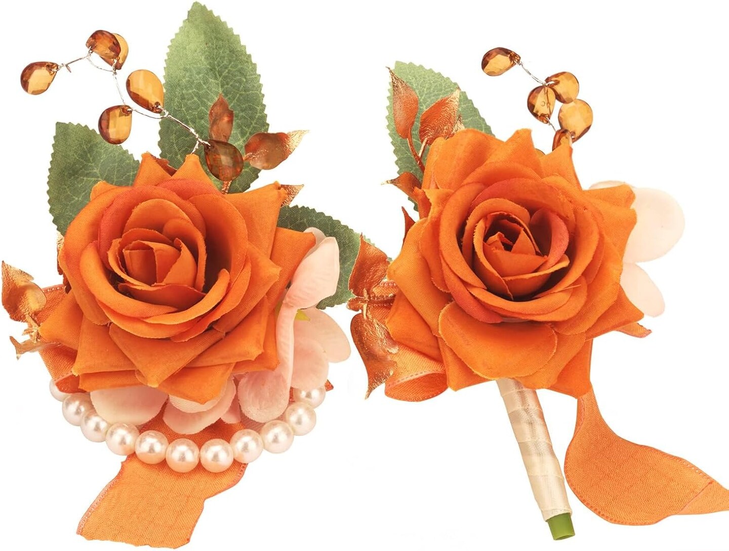 Burnt Orange Rose Corsage & Boutonniere Set – Artificial Silk Flowers for Prom, Wedding, Homecoming, Rustic & Boho Celebrations