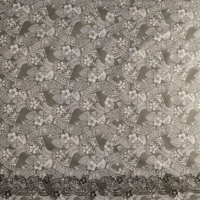 1 Yard Polynesian Hibiscus & Plumeria Flowers Traditional Tattoo Fabric Single Border Poly Cotton 45 Inches Wide