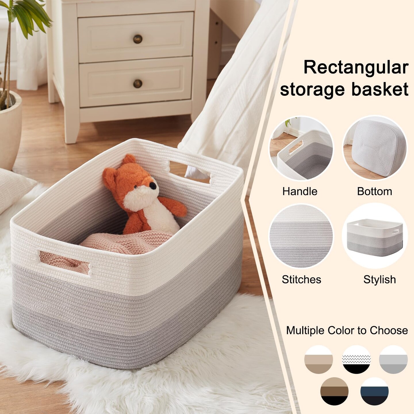 Large Blanket Basket, 22”x17”x12” Rectangle Woven Baskets, Nursery Blanket Storage Living Room, Toy Storage With Handle, Large Baskets for Organizing-Gradient Grey