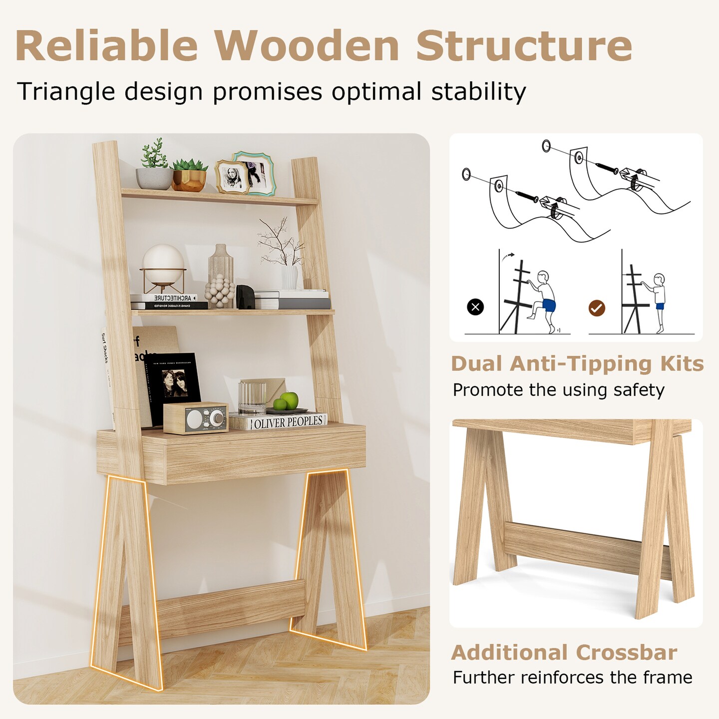 Costway Home Office Ladder Desk Wall-Leaning Laptop Workstation with Storage Shelves Natural/White/Walnut