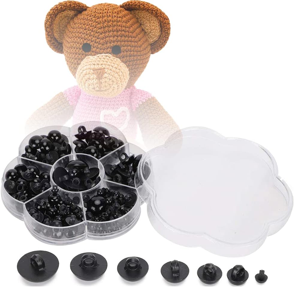 184PCS Plastic Safety Eyes for Amigurumi – Black Crochet Eyes, Stuffed Animal Craft Doll Toys, Mushroom Domed Sewing Buttons with Storage Box