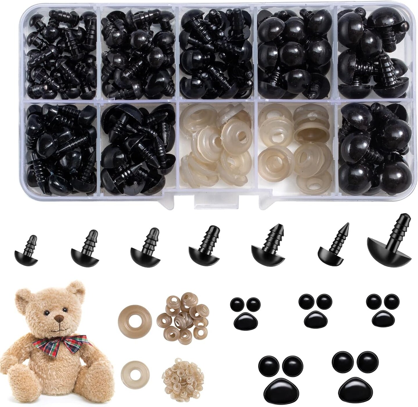 270PCS Black Plastic Safety Eyes & Noses with Washers – Assorted Sizes for Amigurumi, Dolls, Teddy Bears, and Plush Crafts