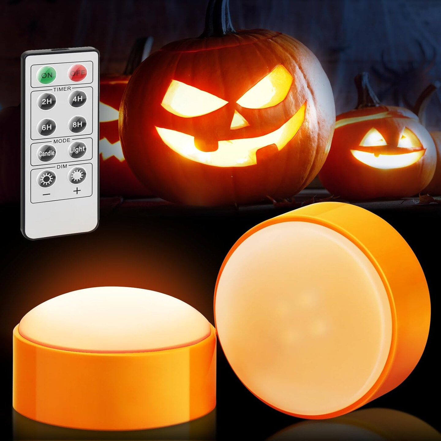 2-Pack Halloween LED Pumpkin Lights with Remote and Timer, Battery Operated Orange Jack-O-Lantern Light for Halloween Decor, Flameless Candles for Pumpkin Decorations