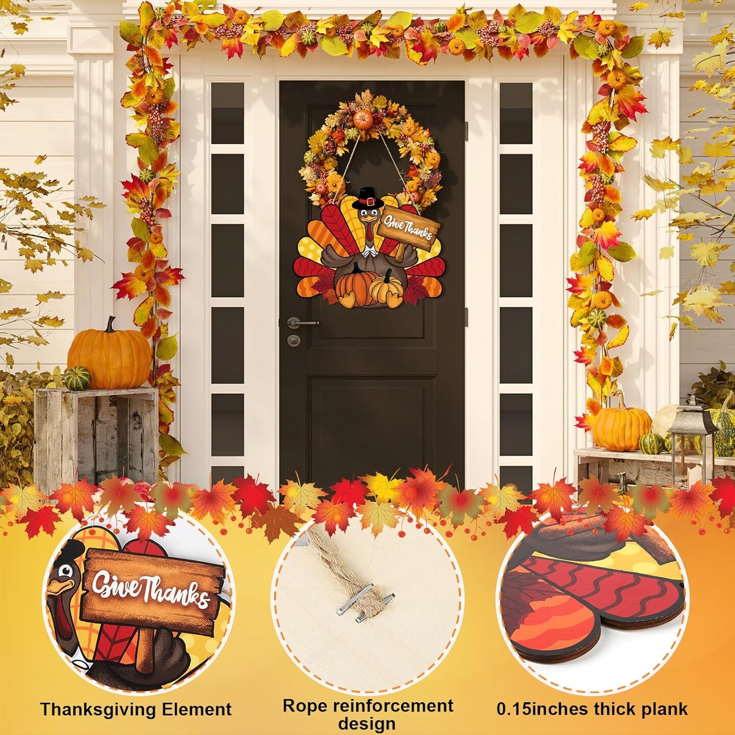 2 Pieces Thanksgiving Decoration Wooden Turkey Pumpkin Door