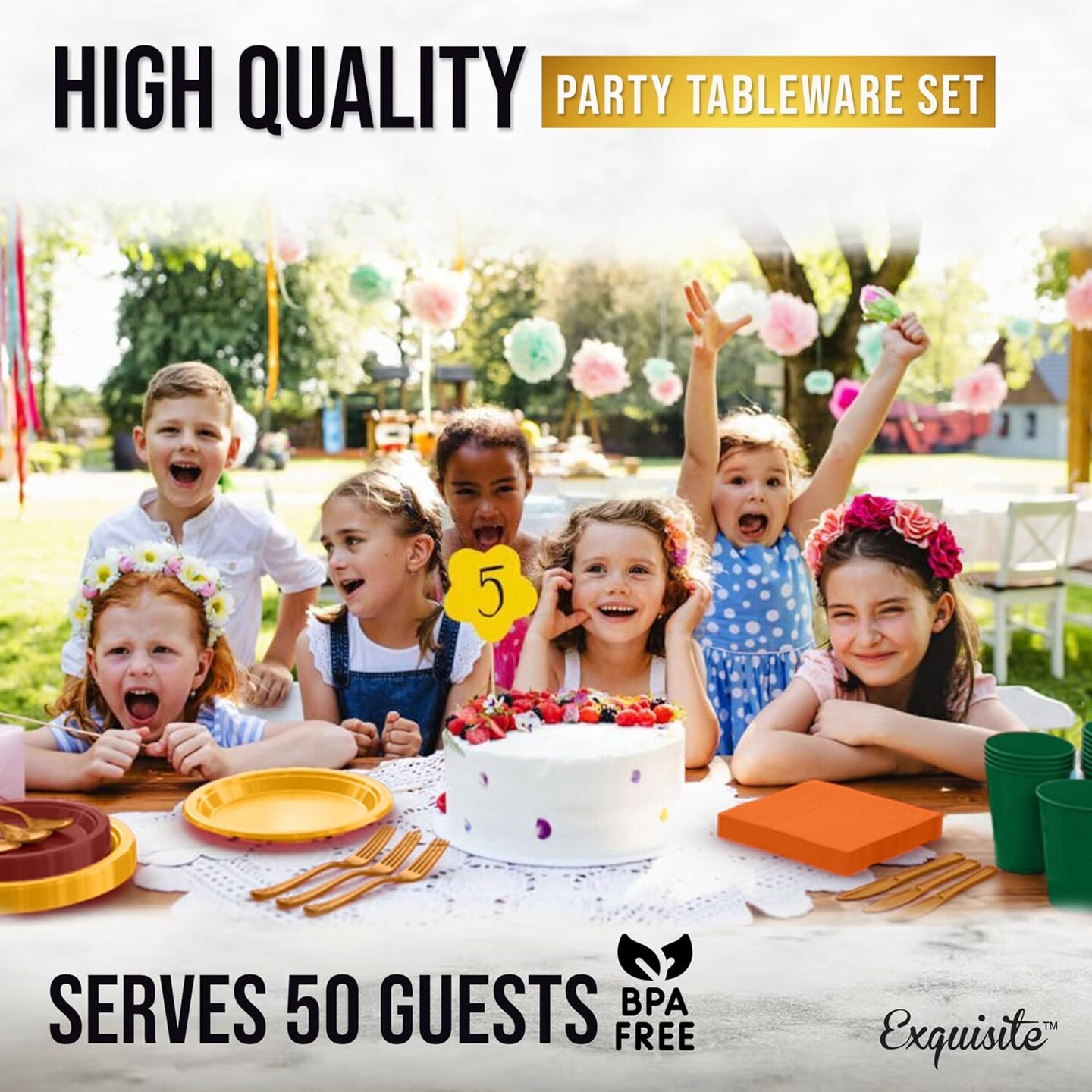 Exquisite 350 Pcs Plastic Plates for Party – Disposable Plates Set – 50 Each of 9" Dinner Plates, 7" Dessert Plates, Plastic Cups, Napkins & Plastic Cutlery – Plastic Dinnerware by Party Solids