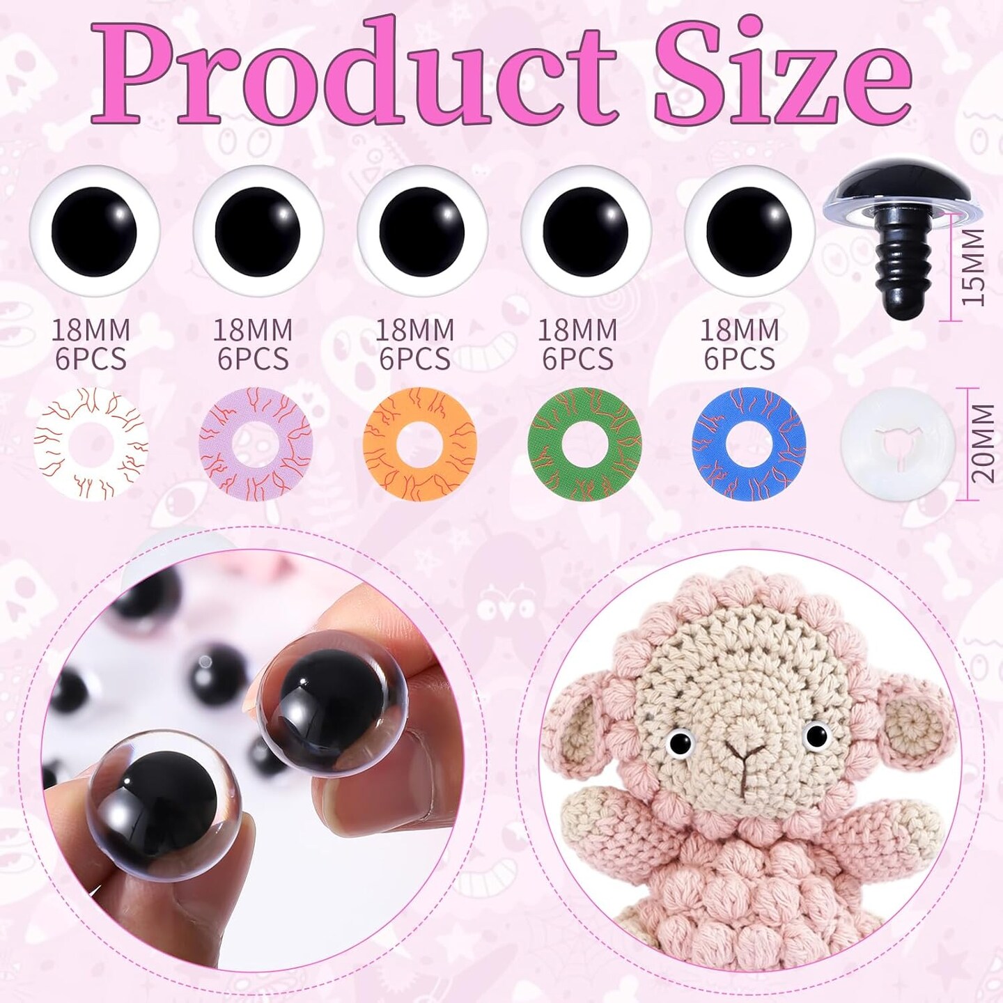 30PCS 18mm Clear Safety Eyes for Crocheting with Washers (5 Colors)