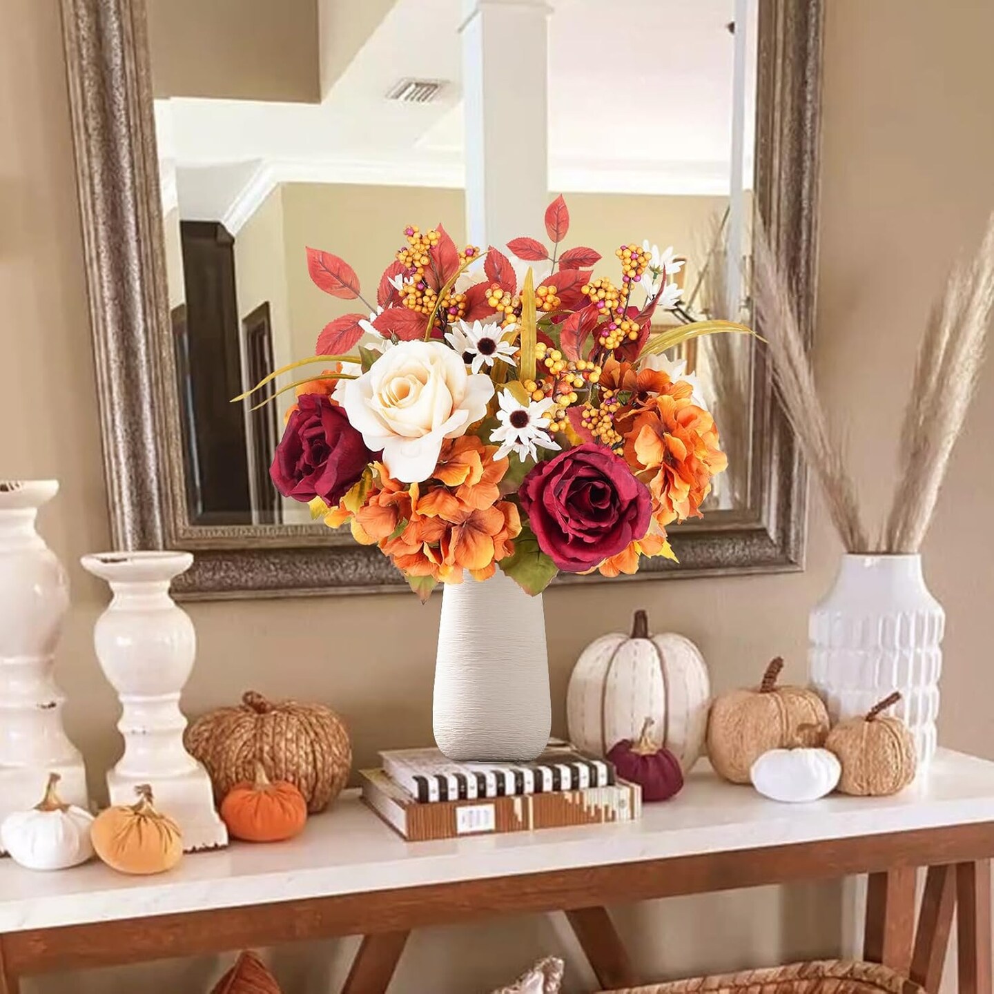 Artificial Fall Roses Large Silk Bouquets with Hydrangea