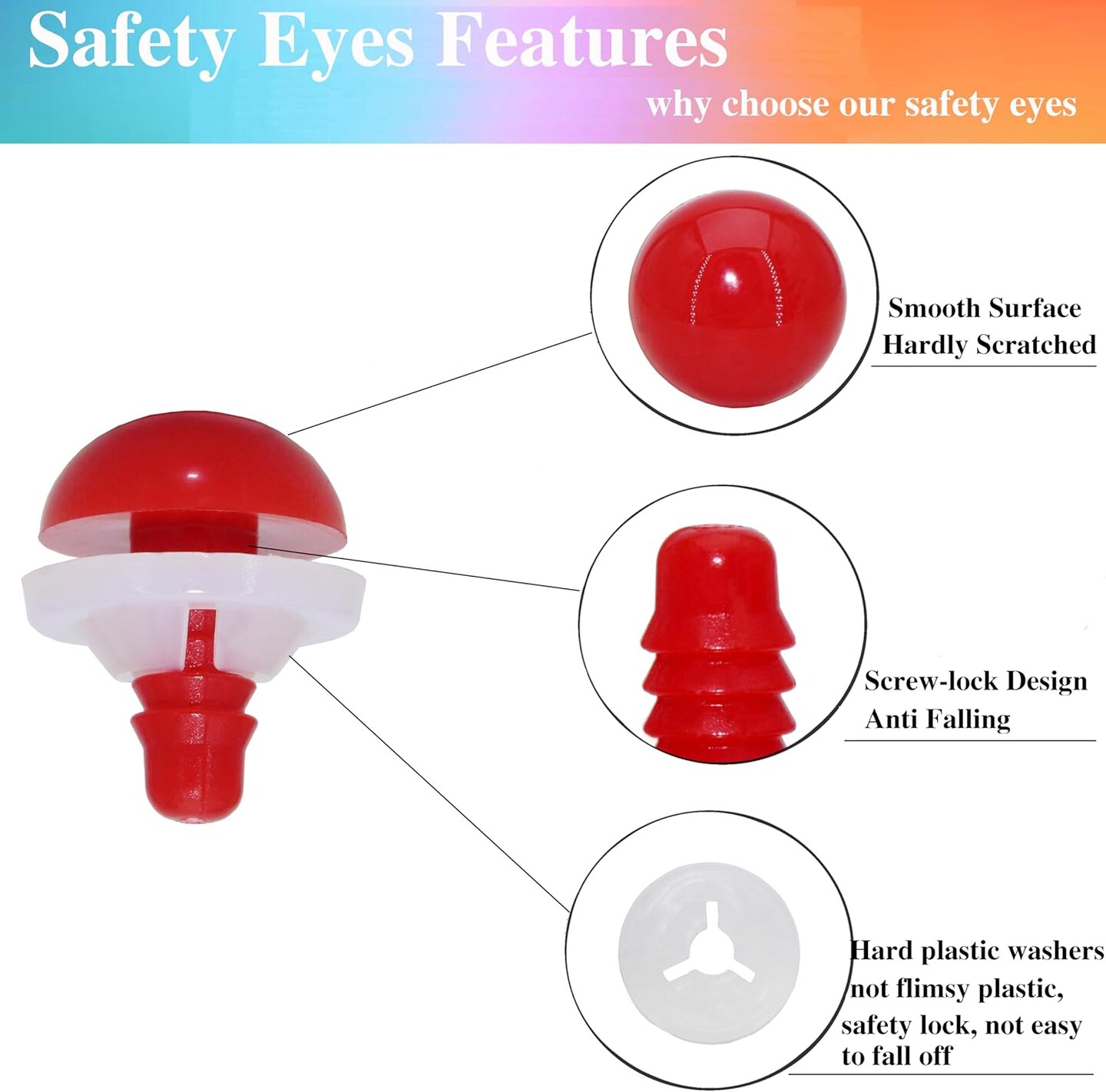 1 Box (80pcs) Red Plastic Safety Eyes – 10/15/24mm with Washers for DIY Amigurumi, Dolls, and Stuffed Animals