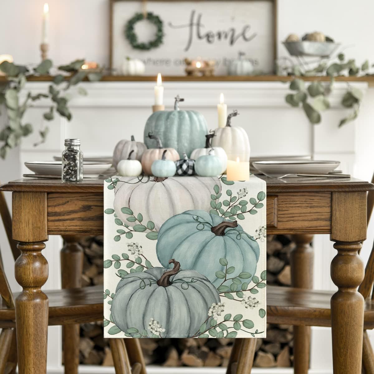 Pumpkins & Eucalyptus Leaves Fall Table Runner – Autumn Thanksgiving Kitchen Dining Table Decoration, 13x72 Inch