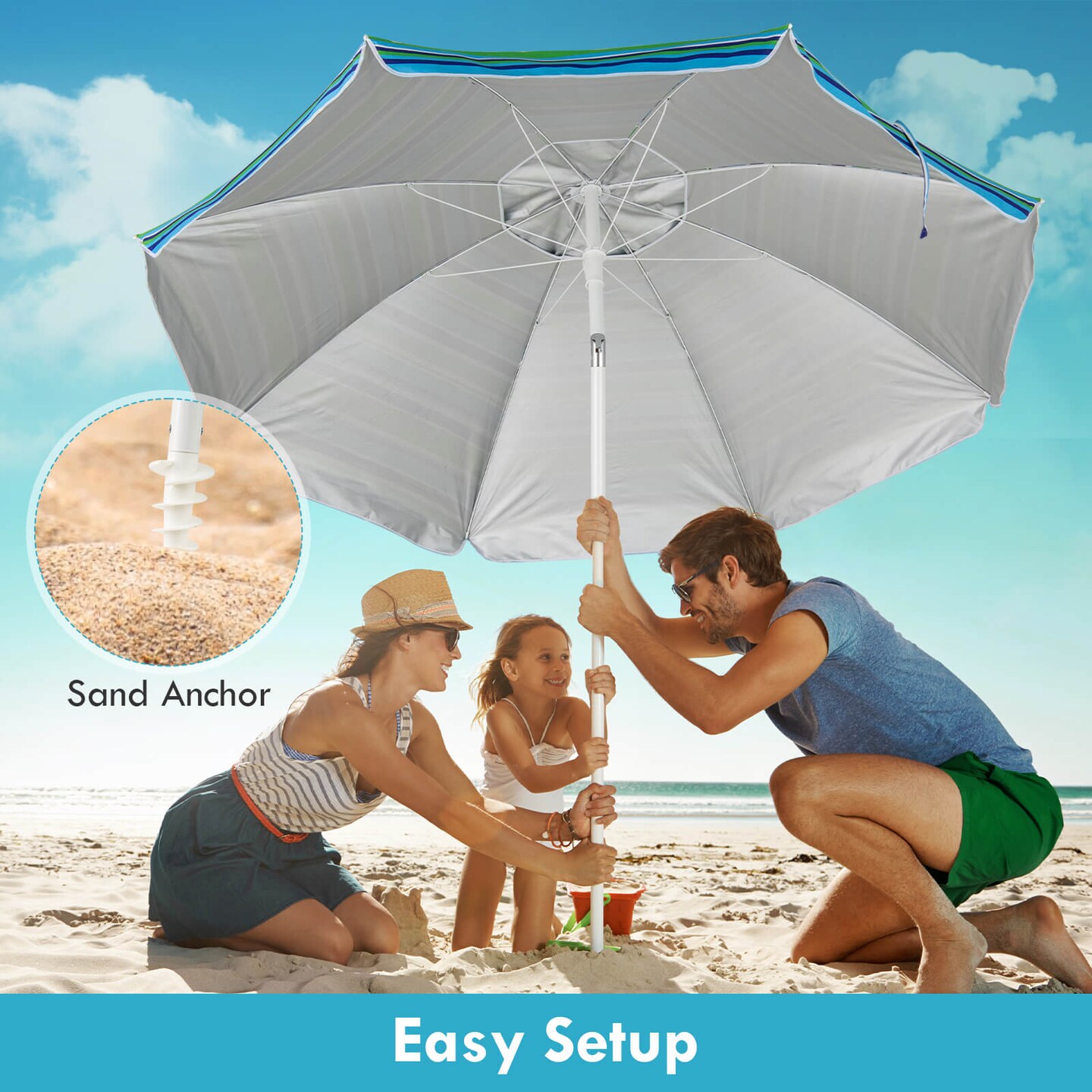 Costway 7.2 FT Portable Beach Umbrella Tilt Sand Anchor Cup Holder with Carry Bag Blue/Navy Blue/Rainbow/Green
