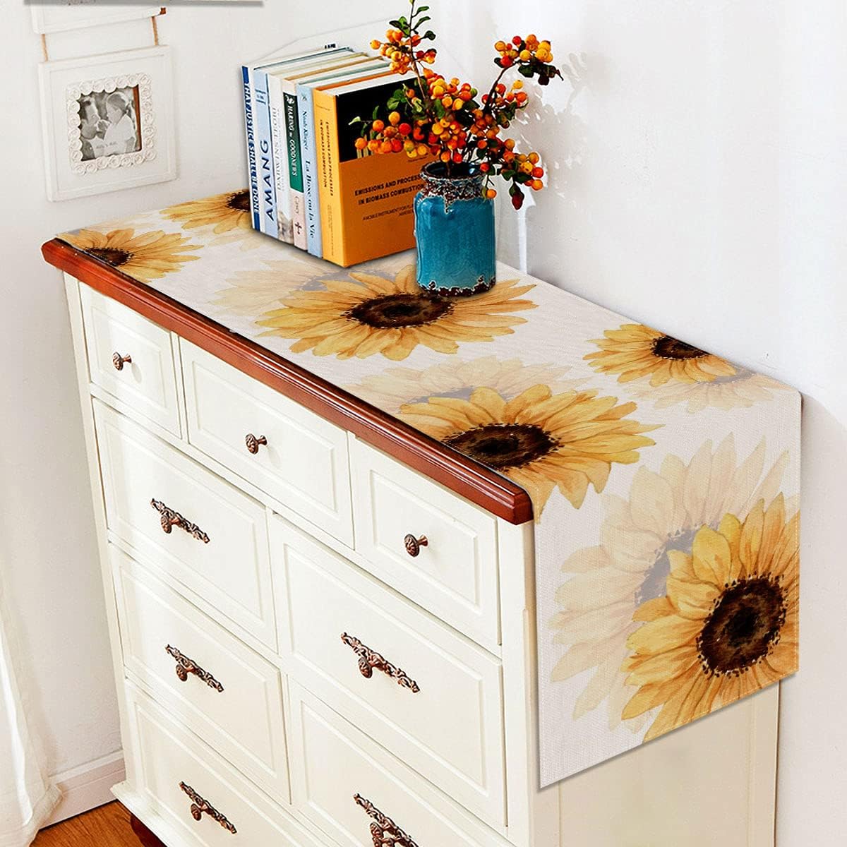 Sunflower Table Runner – Linen Fall Rustic Kitchen Dining Home Decor – 13x72 Inch