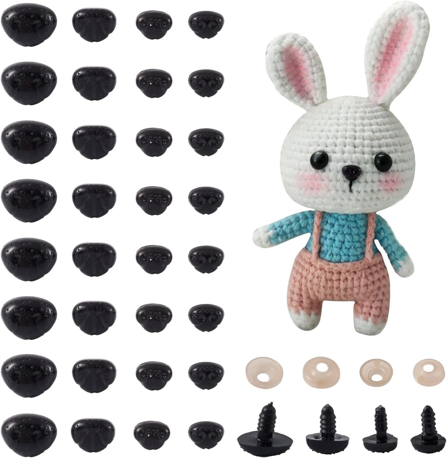 100 Sets Black Plastic Safety Noses with Washers – DIY Doll, Puppet, and Plush Animal Crafts