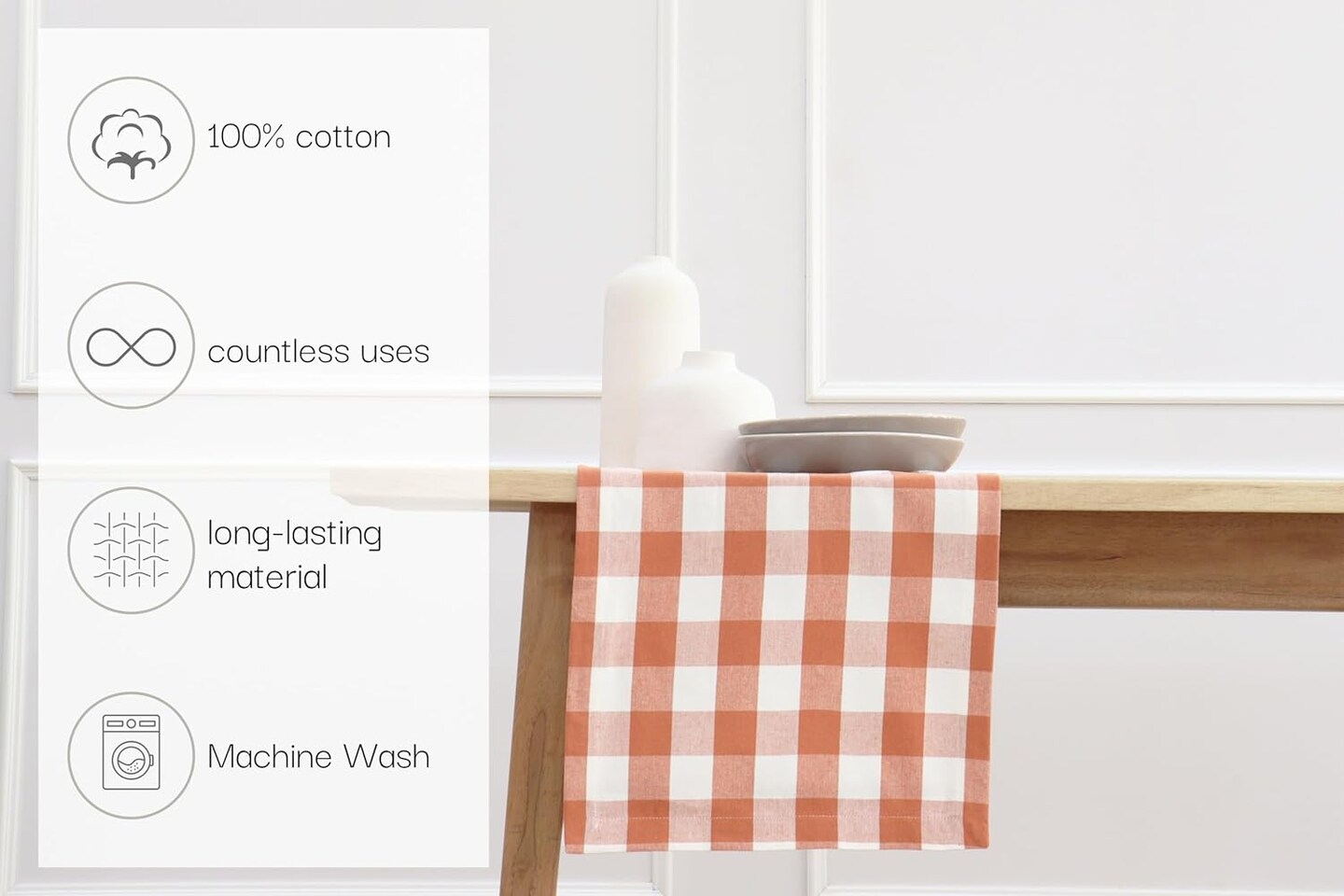 Buffalo Plaid Table Runner – 14 x 72 Inch Classic Farmhouse Cotton Checkered Table Runner, Fall Thanksgiving – Rust and Cream