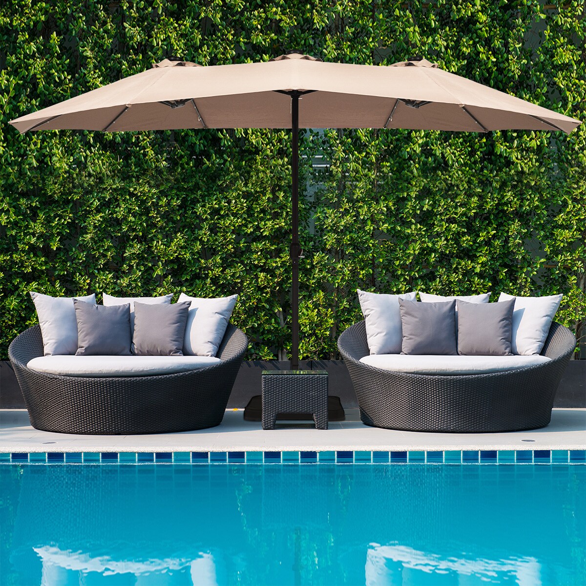 Costway 15Ft Patio Double-Sided Solar LED Market Umbrella Crank Base Beige/Tan/Orange/Burgundy/Gray/Turquoise