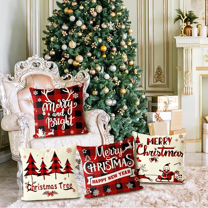 Christmas Decorations, Christmas Decor Christmas Pillow Covers 18x18 Set of 4 Red Black Buffalo Check Plaid Christmas Decorations Clearance Indoor Outdoor Xmas Throw Pillow Cases for Sofa Couch