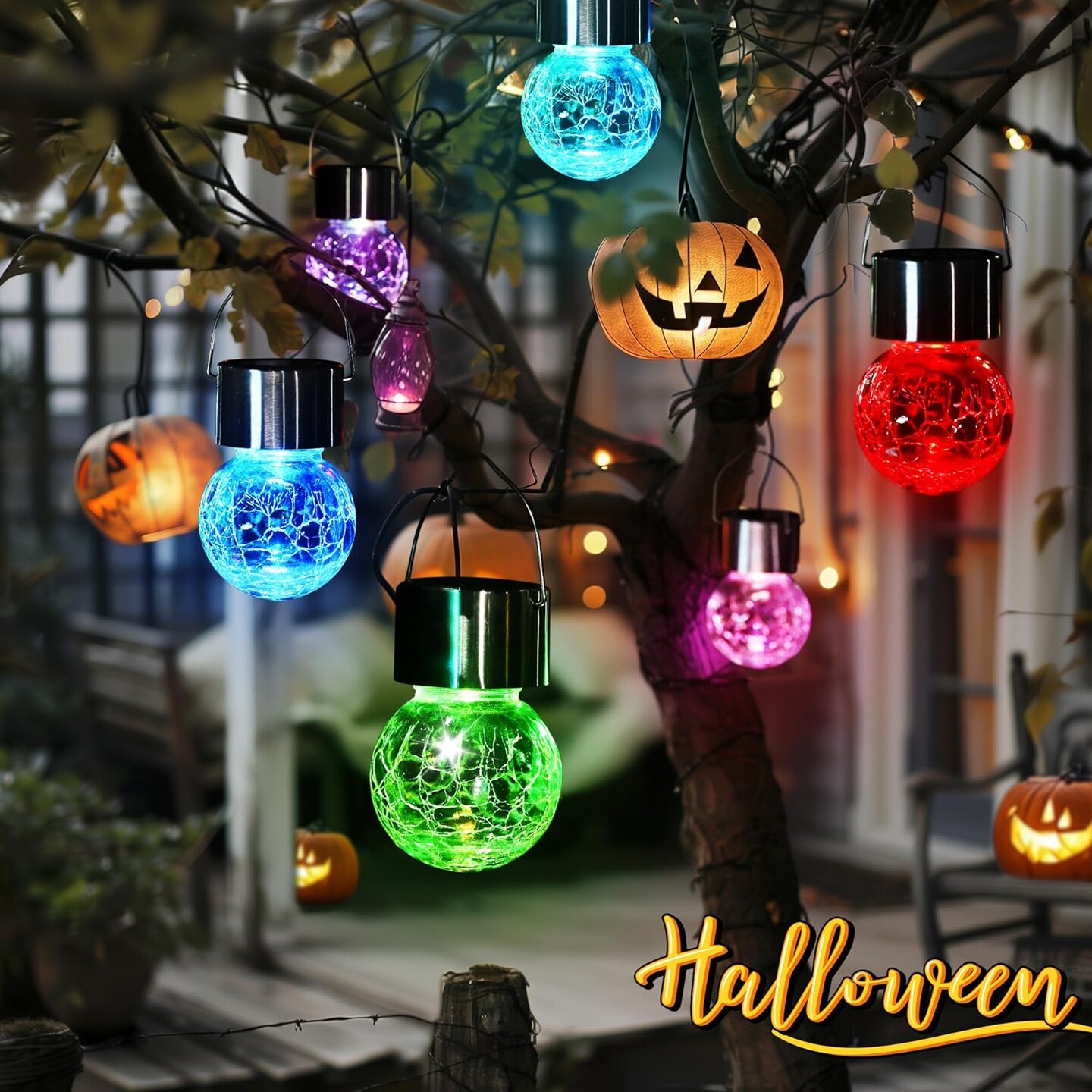 8 Pack Solar Hanging Lights, Christmas Decoration Lights with Multi-Color Changing Cracked Glass Hanging Ball Solar Outdoor Lights Waterproof Solar Lanterns for Garden, Yard, Patio, Lawn