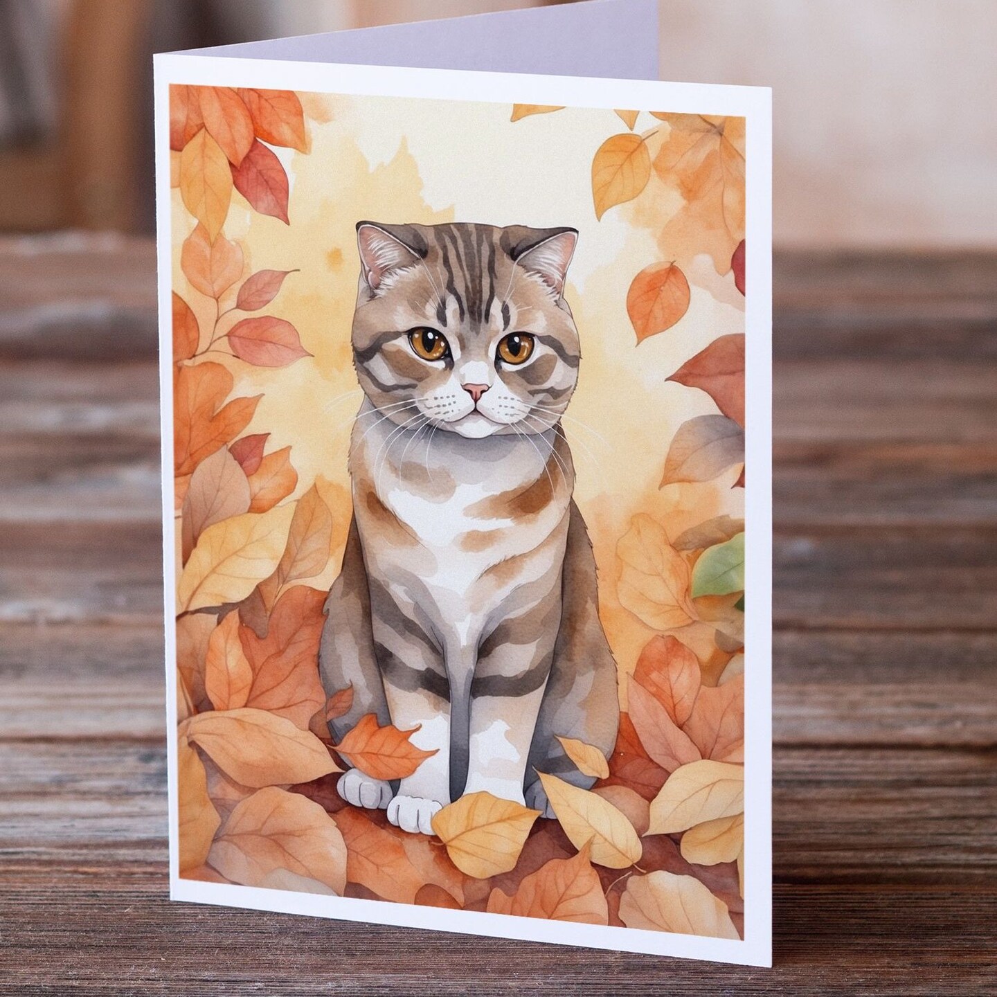 Edge Collections - 5" x 7" - Multicolor - Scottish Fold Cat Fall Leaves Greeting Cards - 8 Pieces