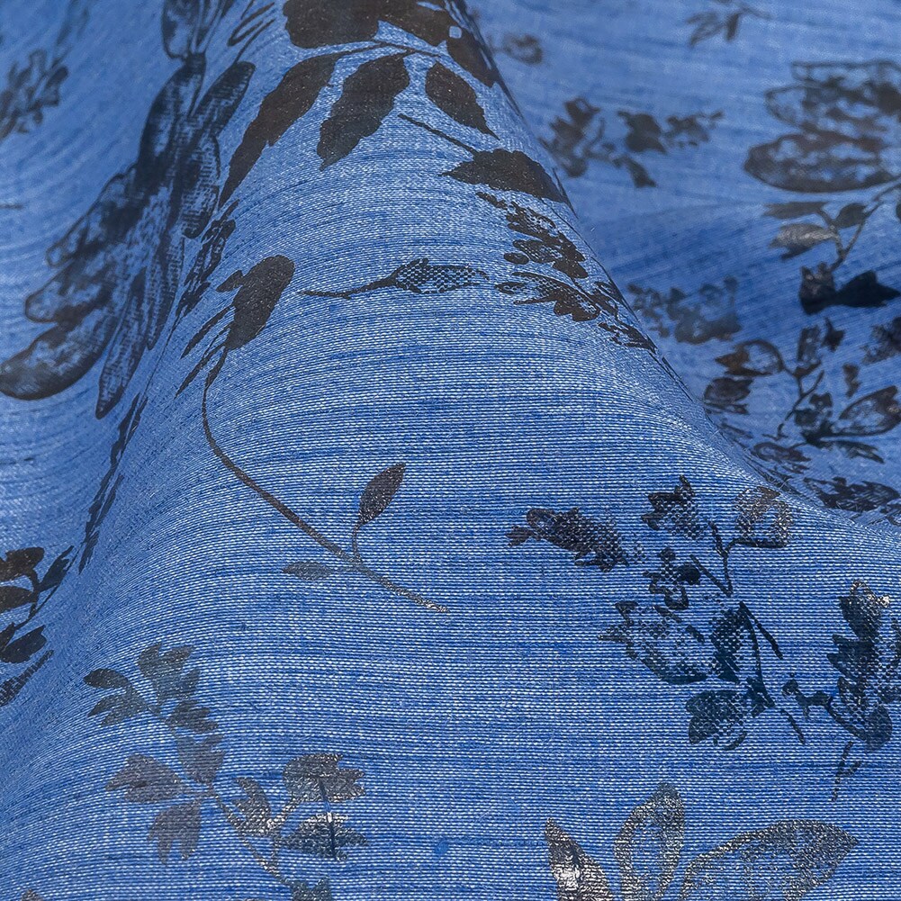 1 Yard Bright Blue Gray Foiled Flowers Striated Stretch Cotton Woven Fabric