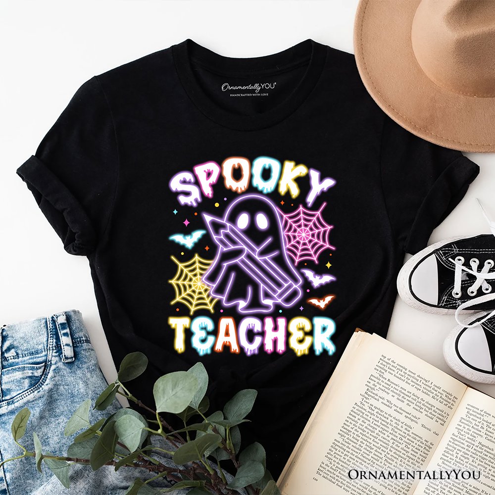 Spooky Teacher Neon Ghost T-Shirt, Retro Halloween Tee for Educators