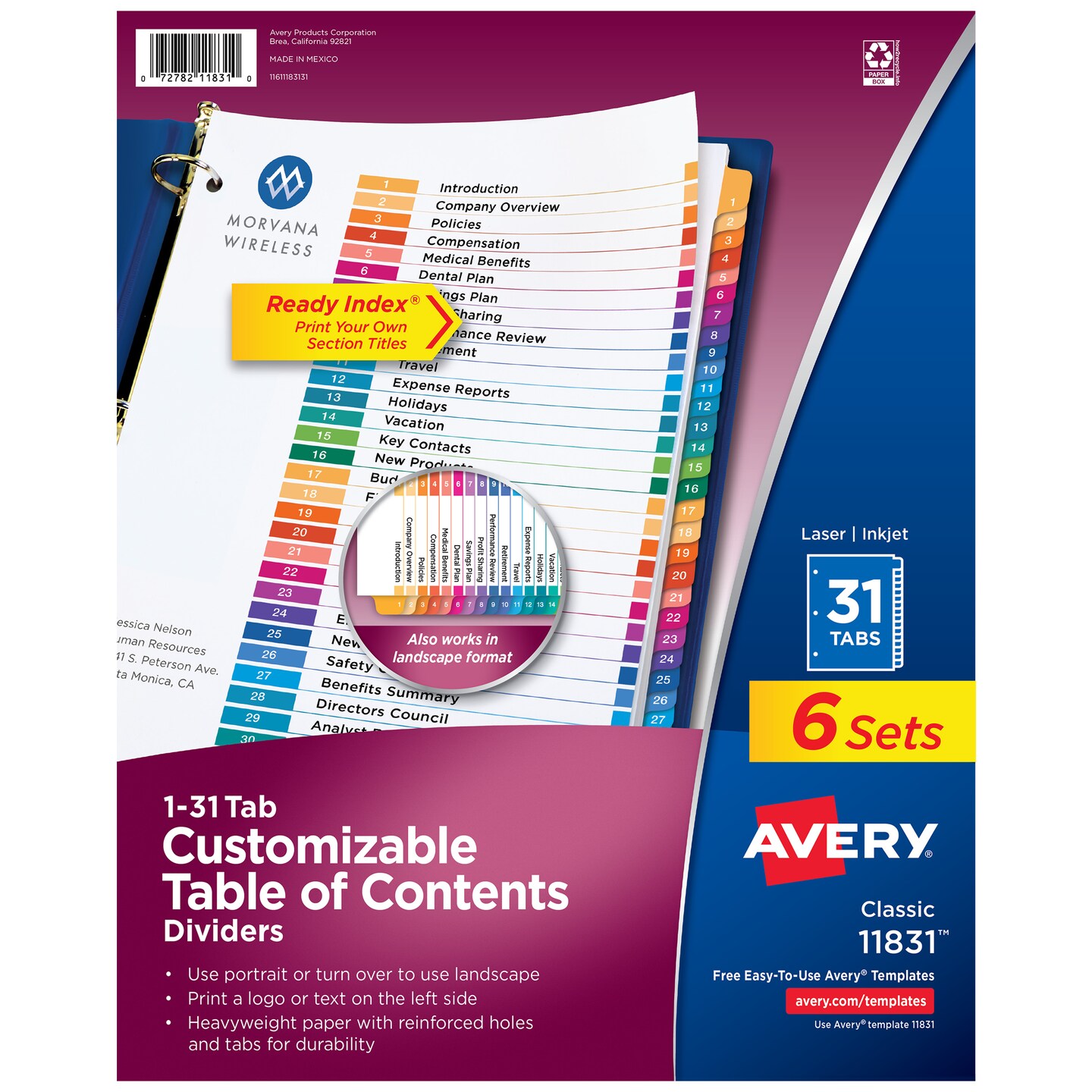 Avery 1-31 Dividers for 3 Ring Binders, 31 Tabs per Set, Customizable Table of Contents, Multicolor Tabs (6 Sets of 11831)