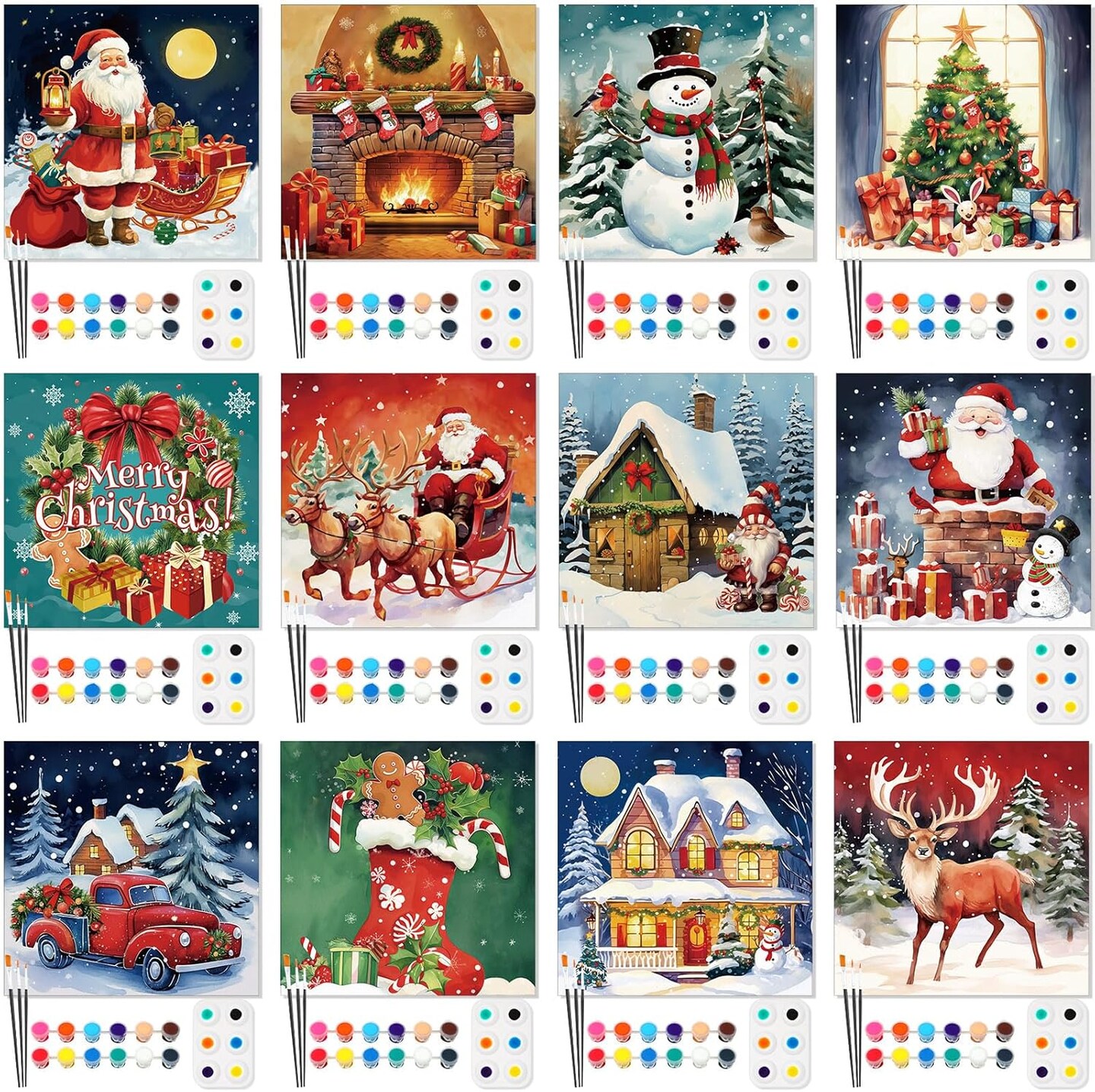 12 Pack Pre Drawn Canvas Kit for Painting (Classic Xmas,8 x 8 Inch)