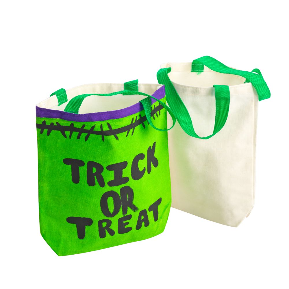 Colorations Set of 12, Kids Decorate Their Own Durable Small Canvas Tote Bags with Colored Handles, Arts &#x26; Crafts, 8-1/2 inches W x 8-1/4 inchesH x 2-1/4  inches D, Personalize Party Favor, Lunch Bag
