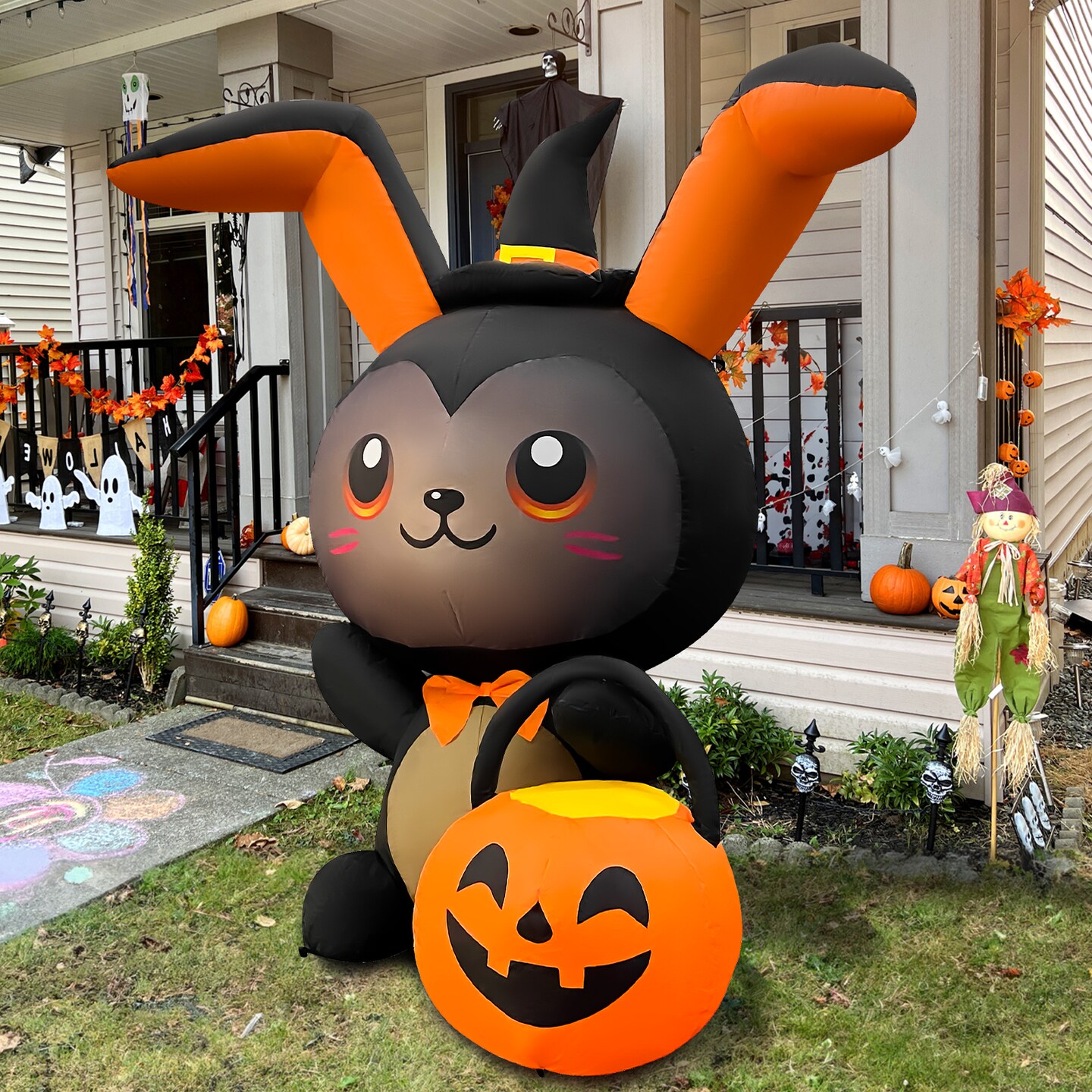 GOOSH 5FT Inflatable Halloween Bunny with Pumpkin &#x2013; Light-Up Yard Decoration