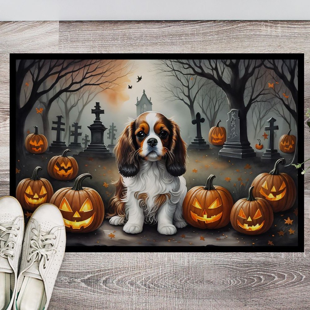 Edge Collections - 18&#x22; x 27&#x22; - Multicolor - Cavalier Spaniel Spooky Halloween Doormat Indoor Outdoor - 1 Piece