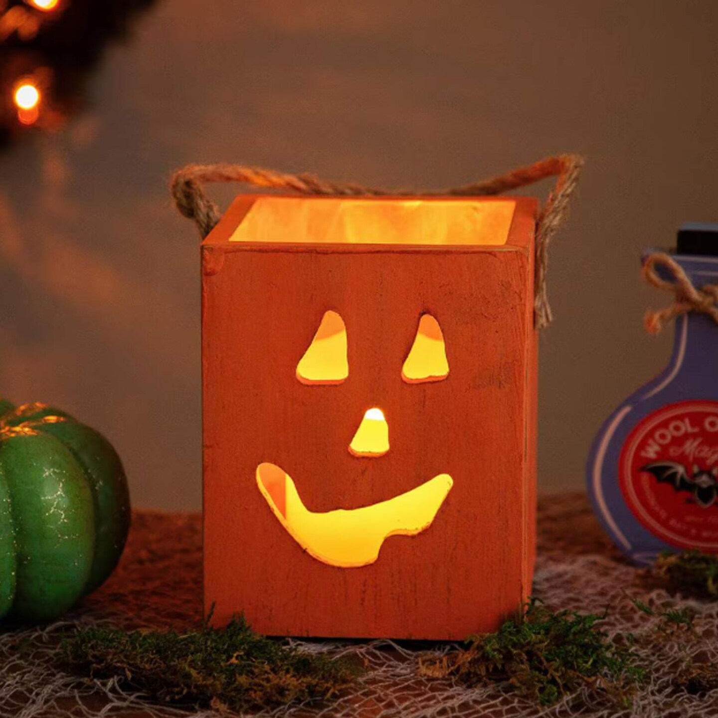 6.25 Inch Small Orange Wood Jack-O-Lantern Halloween Candle Holder