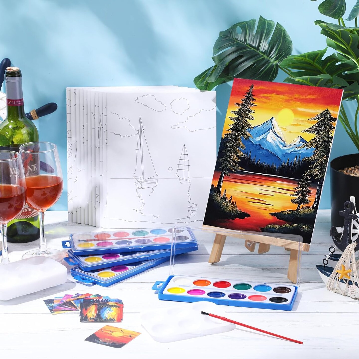 12 Sets Pre Drawn Canvas Kit for Painting Sip and Paint Kit Art Party(Summer Sunset,8 x 10 in)