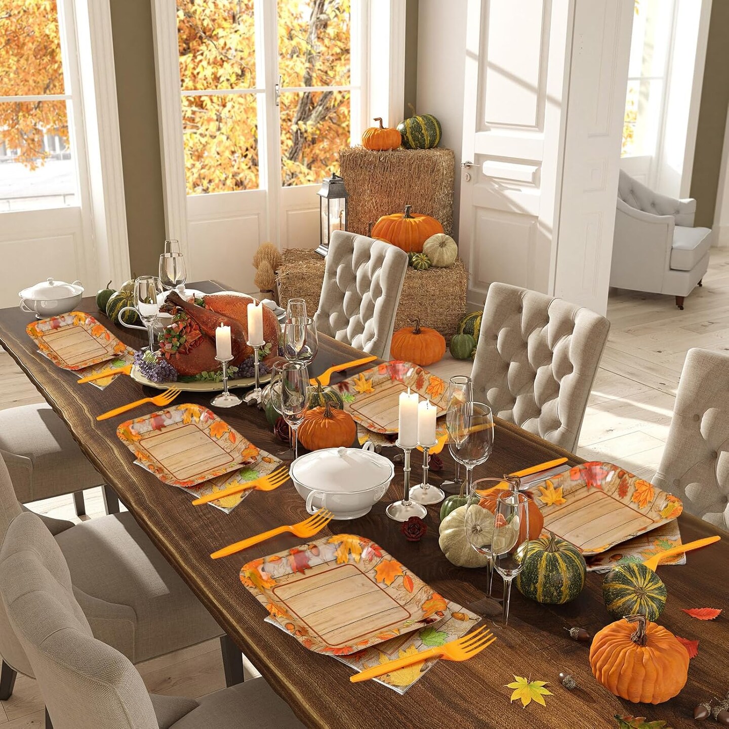 100 Pcs - Thanksgiving Paper Plates and Napkins Disposable Tableware Set for 25 Guests(orange, brown)10.31 x 10.28 x 2.6 inches