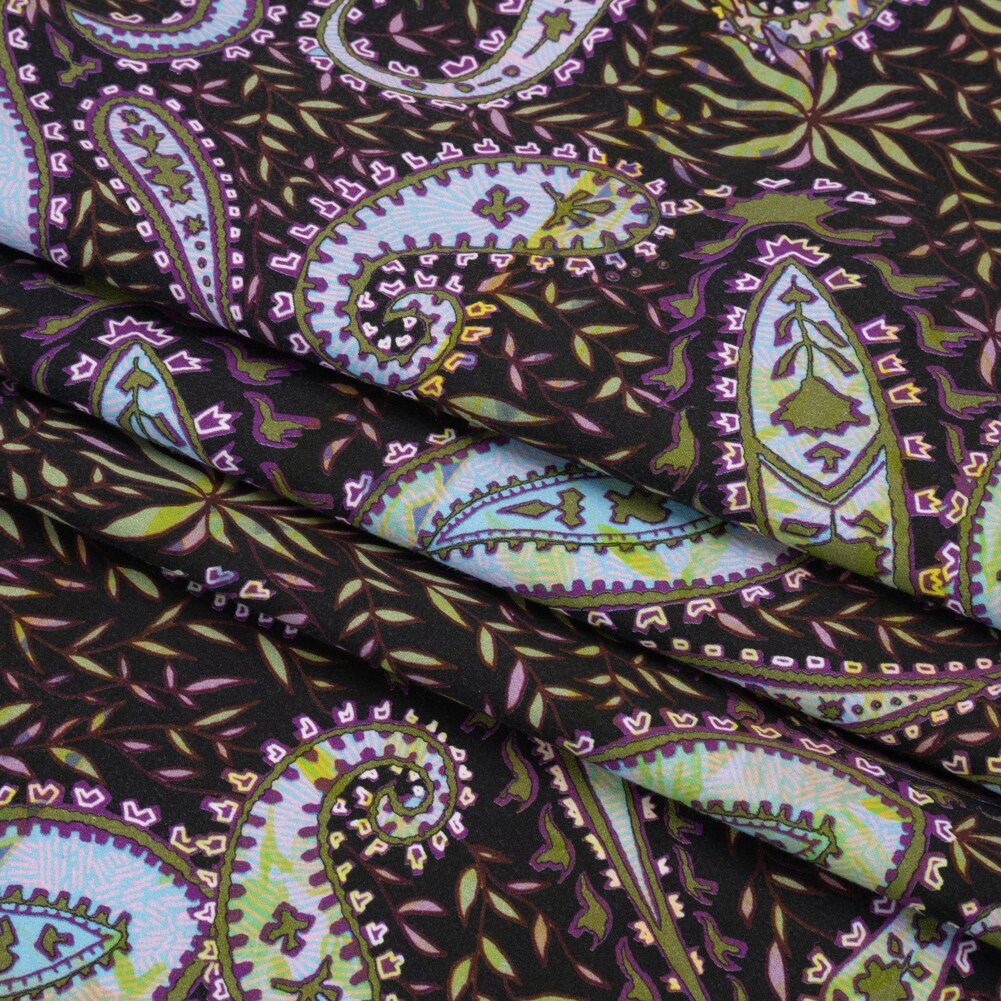 1 Yard Black Green and Purple Paisley and Leaves Leafy Life Stretch Cotton and Viscose Sateen