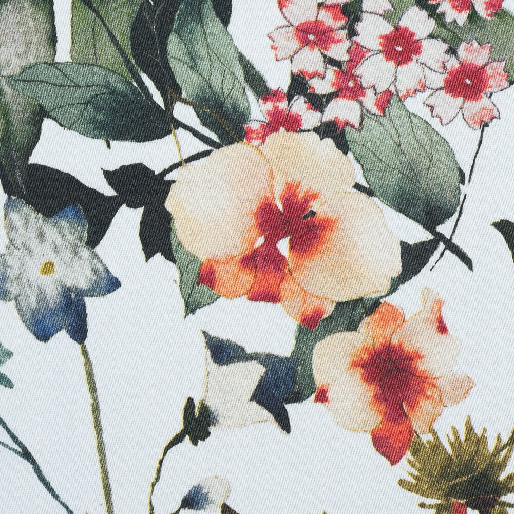 1 Yard White and Green Bird Floral Stretch Cotton Sateen Fabric
