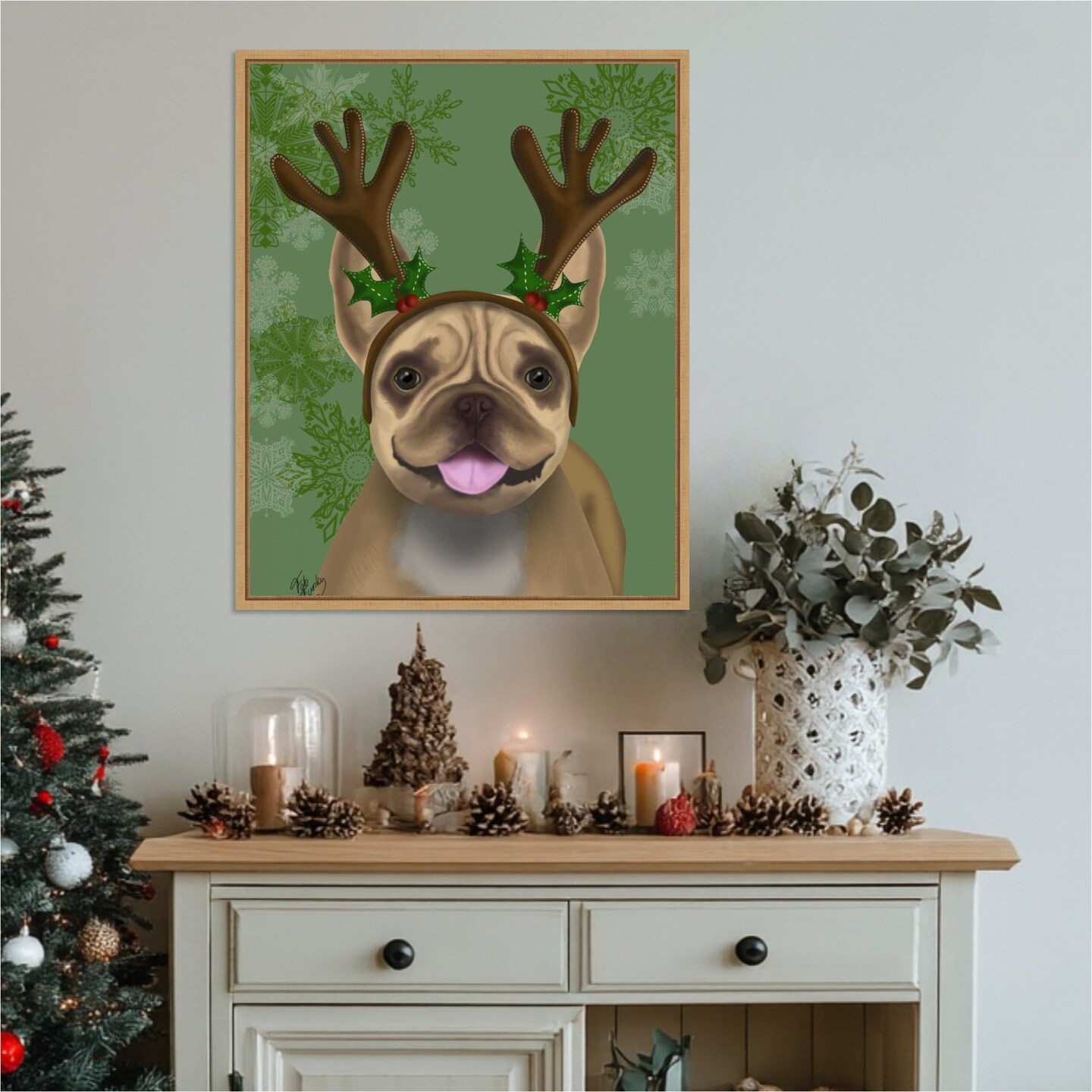 French Bulldog Antlers 1 by Fab Funky 23-in. W x 28-in. H. Canvas Wall Art Print Framed