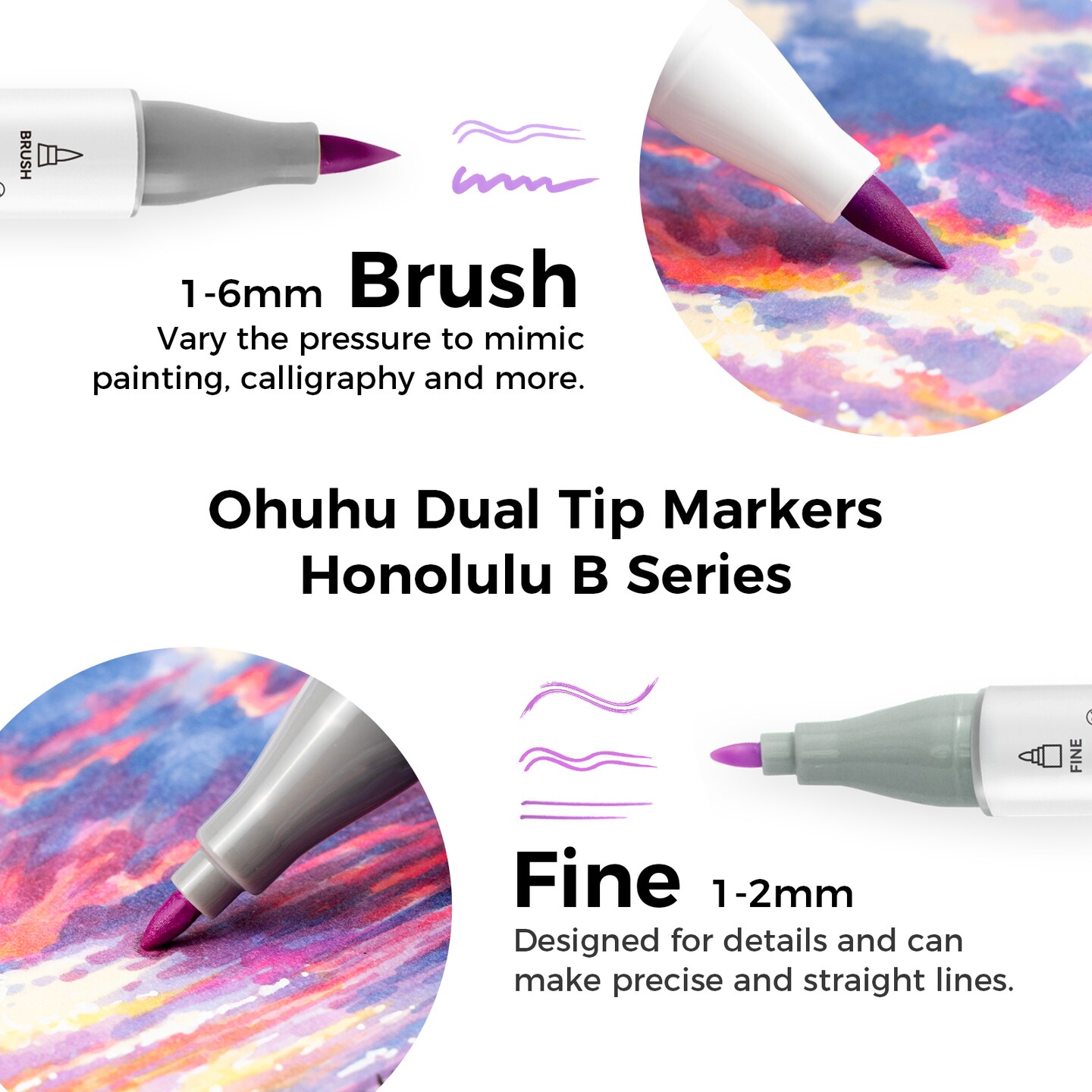 Ohuhu Alcohol Markers Brush Tip- 104-color Double Tipped Alcohol Based Art Marker Set for Artists Adults Coloring Illustration- Honolulu B of Ohuhu Markers- Dual Tip Brush &#x26; Fine- Refillable