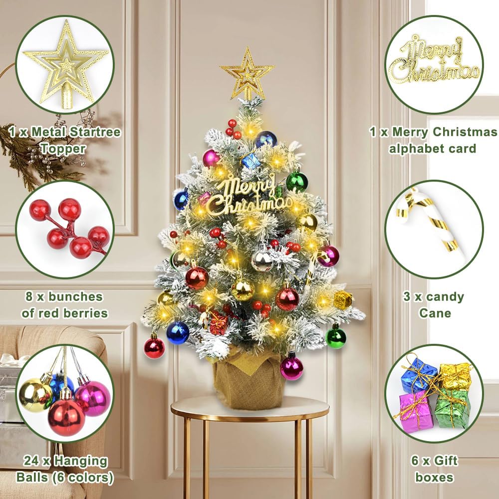 2 FT Pre-lit Snow Flocked Artificial Mini Christmas Tree Tabletop Decor