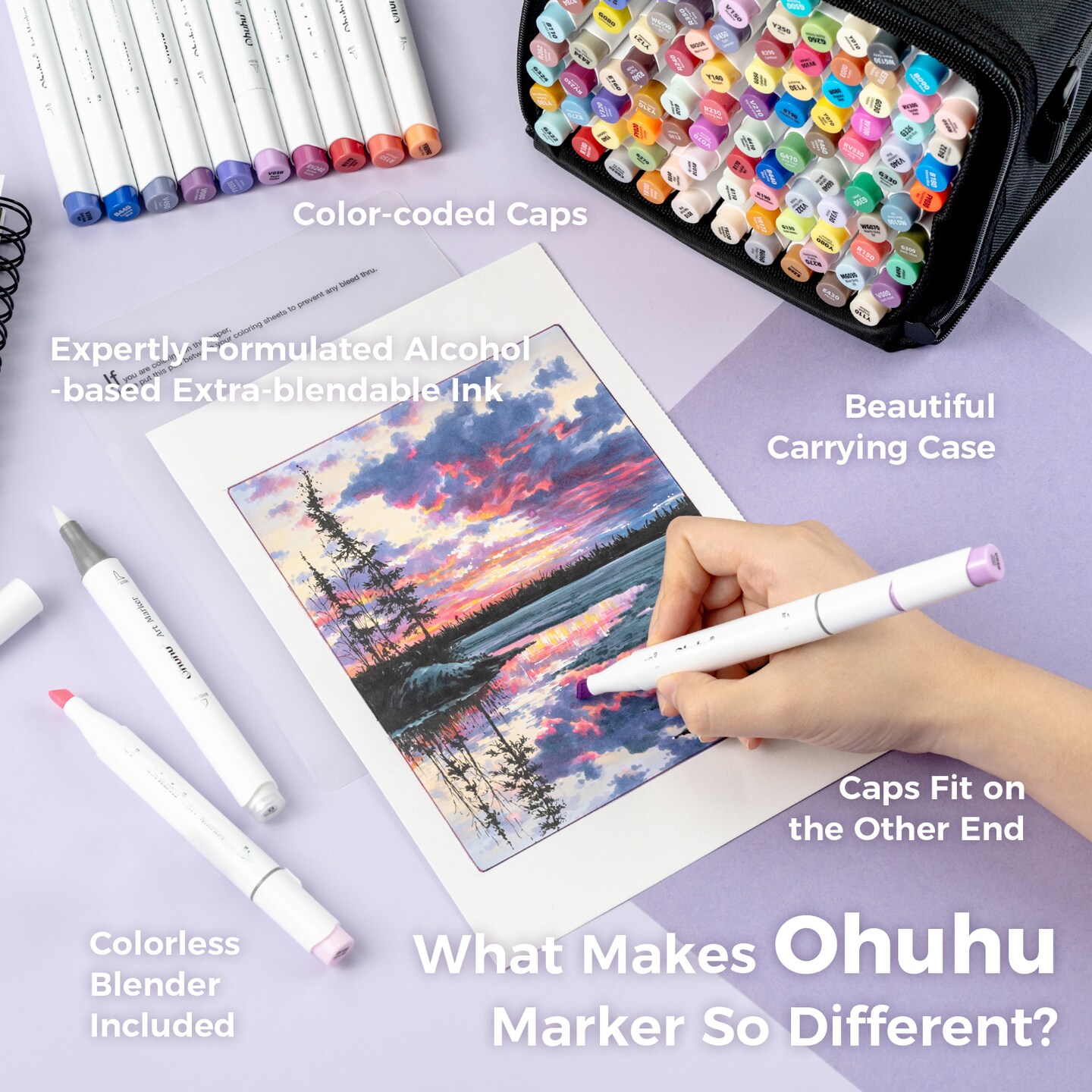 Ohuhu Honolulu 104 Colors Alcohol-Based Markers - Dual Tip Brush &#x26; Chisel