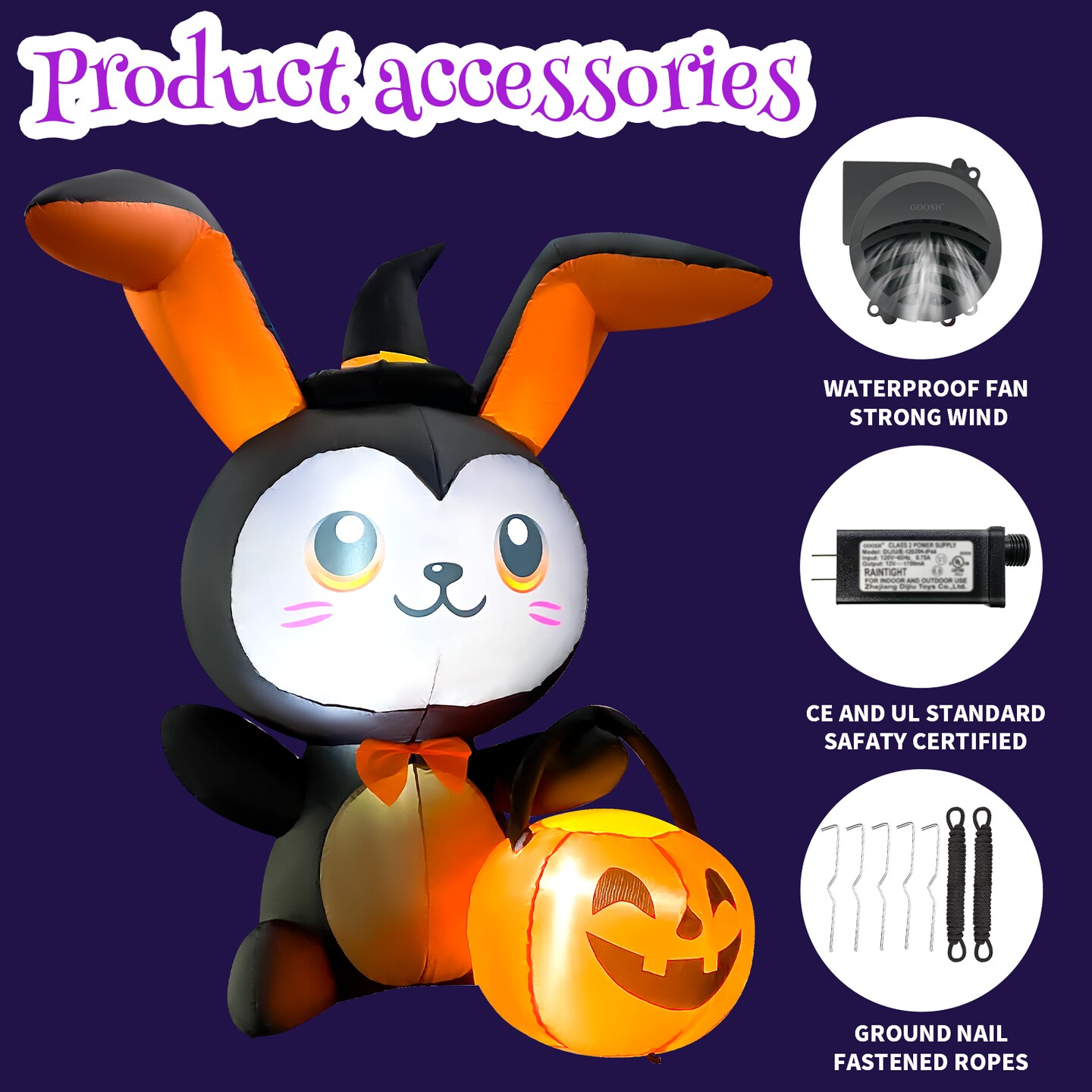 GOOSH 5FT Inflatable Halloween Bunny with Pumpkin &#x2013; Light-Up Yard Decoration