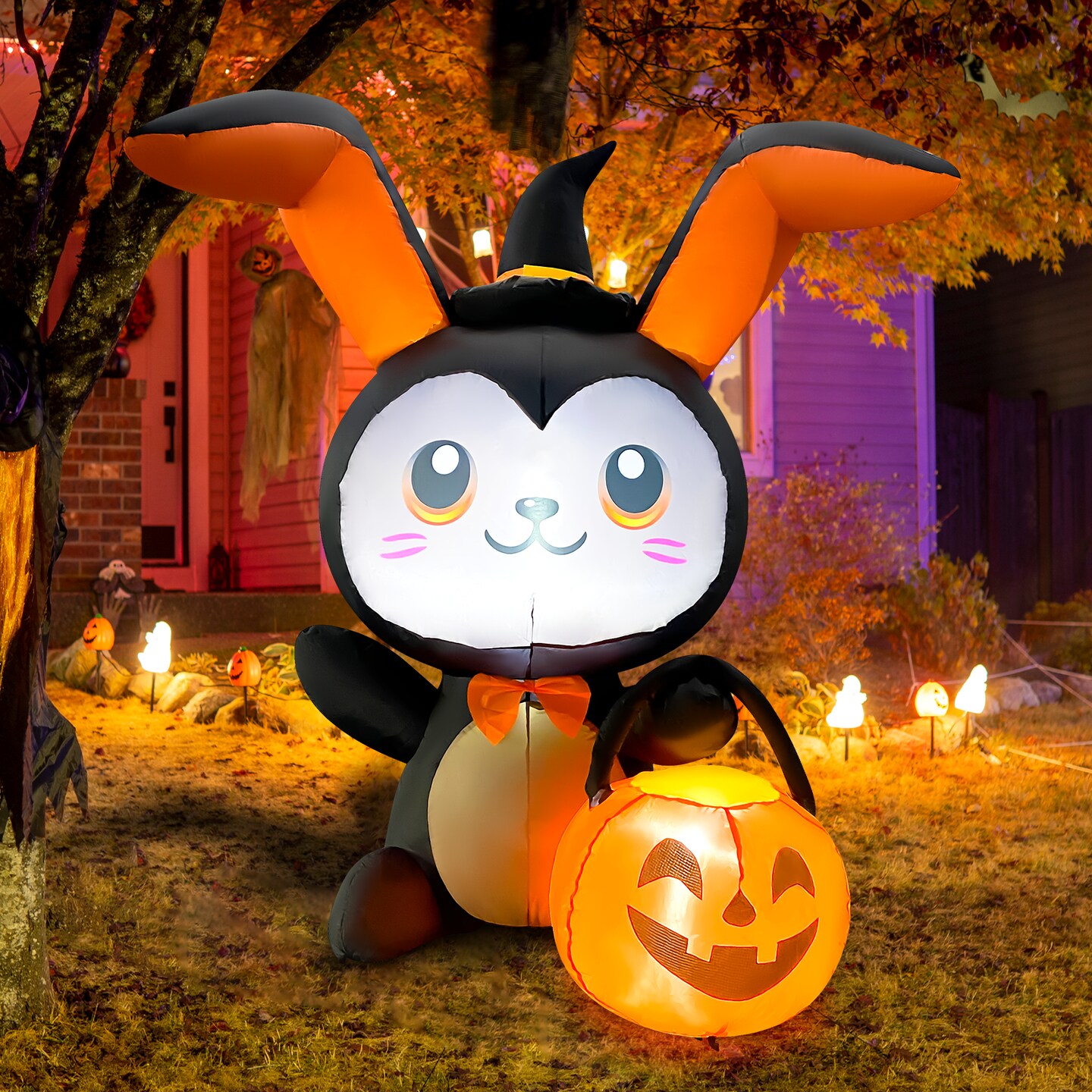 GOOSH 5FT Inflatable Halloween Bunny with Pumpkin &#x2013; Light-Up Yard Decoration