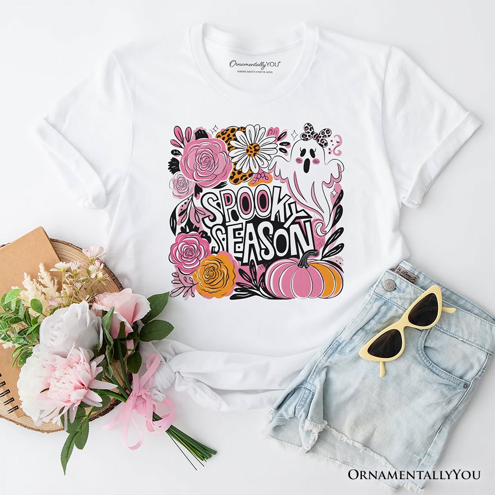 Boho Spooky Season Ghost T-Shirt, Cute Halloween Tee with Fall Pumpkins