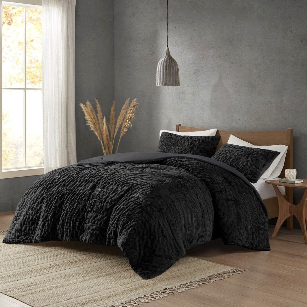 Edge Collections - 26" x 20" - Black - Blair King Faux Fur Comforter Set - 3 Piece