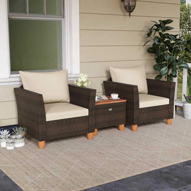 Brown Rattan Outdoor Sofa Set 2 Single Sofas Acacia Wood Coffee Table