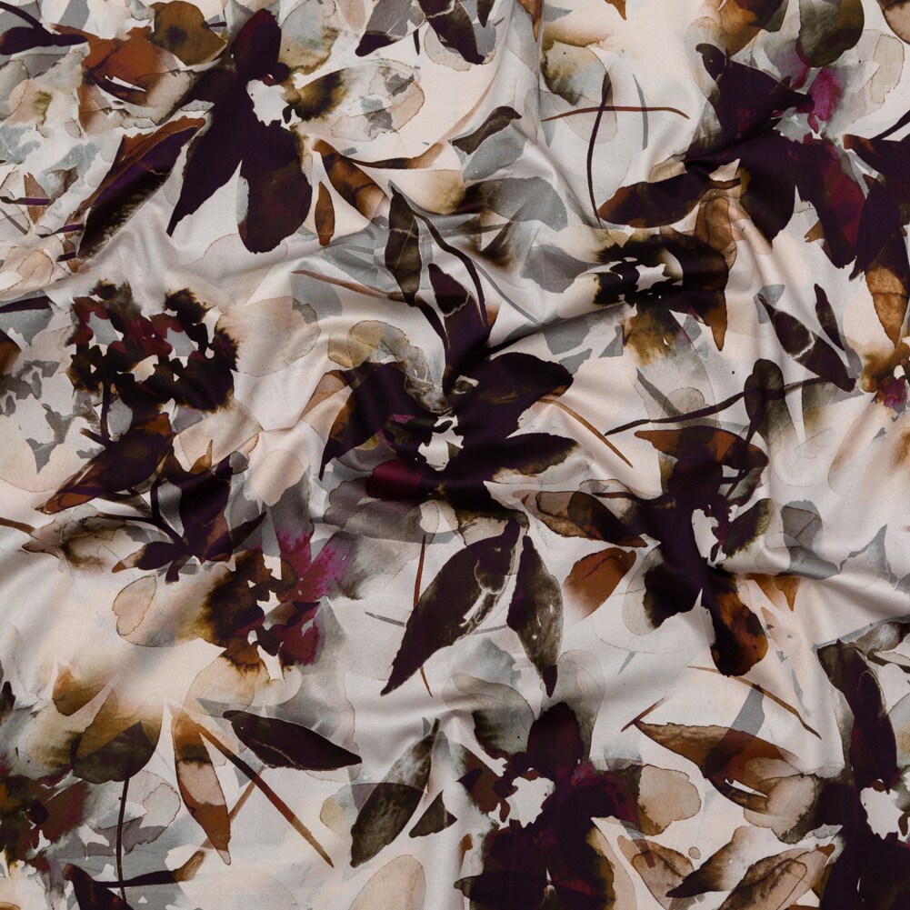 1 Yard Burgundy & White Floral Stretch Cotton Sateen Fabric A Drop of Golden Sun 55 inch Width