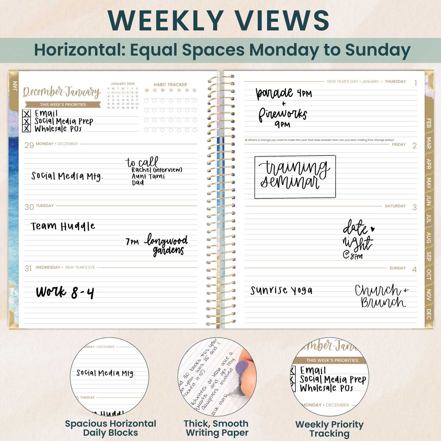 bloom daily planners 2026 Hard Cover Weekly &#x26; Monthly Planner, 8.5&#x22; x 11&#x22;, Coastal Calm