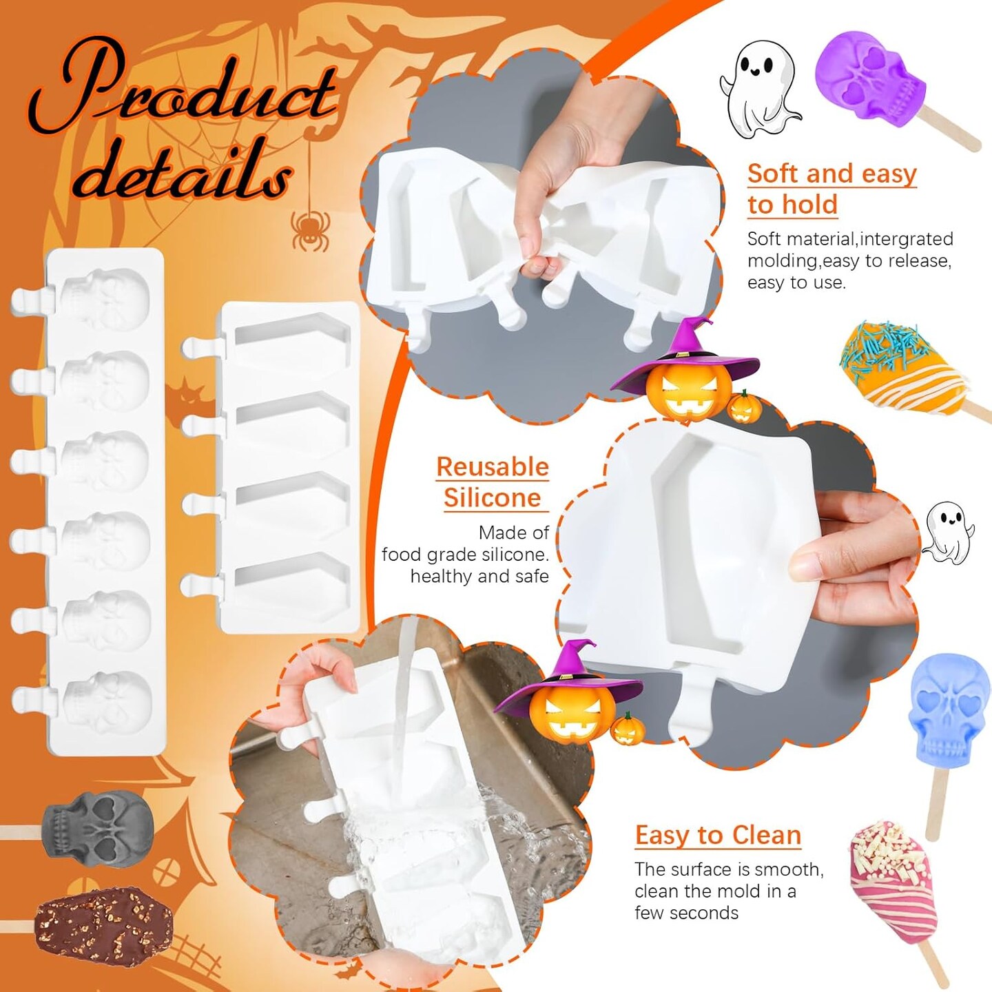 2 Pack Halloween Silicone Ice Cream Mold with 50 Wooden Sticks and 2 Droppers (Coffin, Skull)