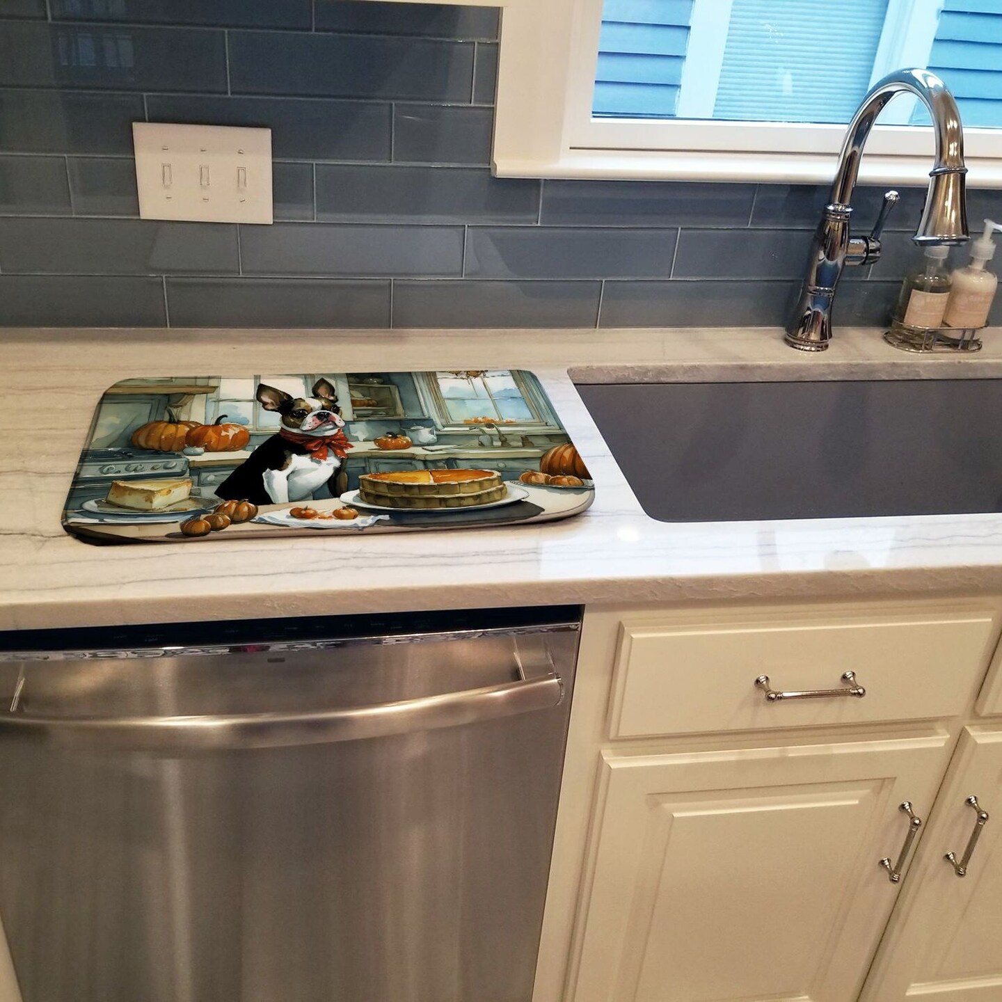 Edge Collections - 14" x 22" - Multicolor - Boston Terrier Fall Kitchen Pumpkins Dish Drying Mat - 1 Piece